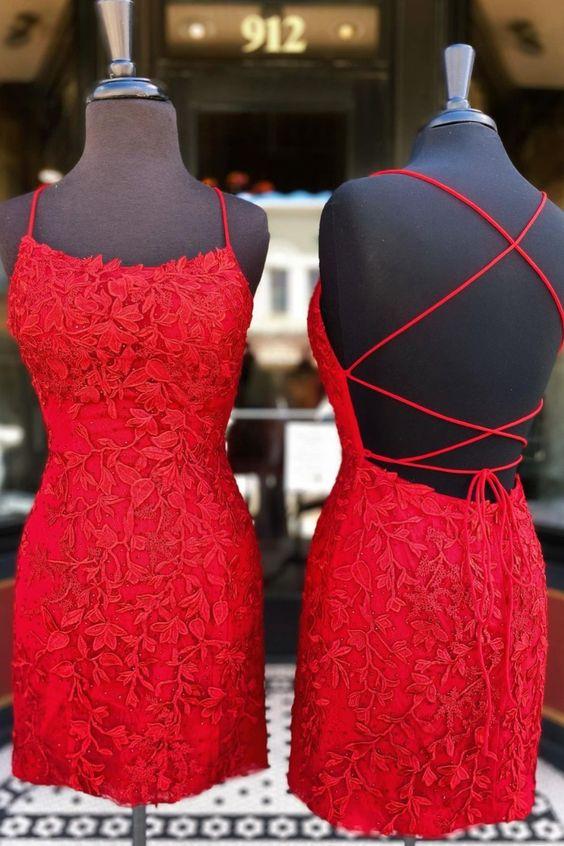 Tight Red Straps Lace Homecoming Dresses Hanna Party Dress With Up Back CD15990