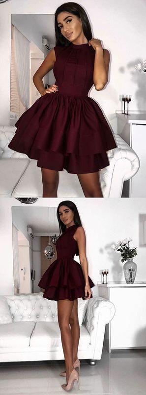 A-Line Jewel Short Burgundy Tiered With Homecoming Dresses Satin Amya Pleats CD165