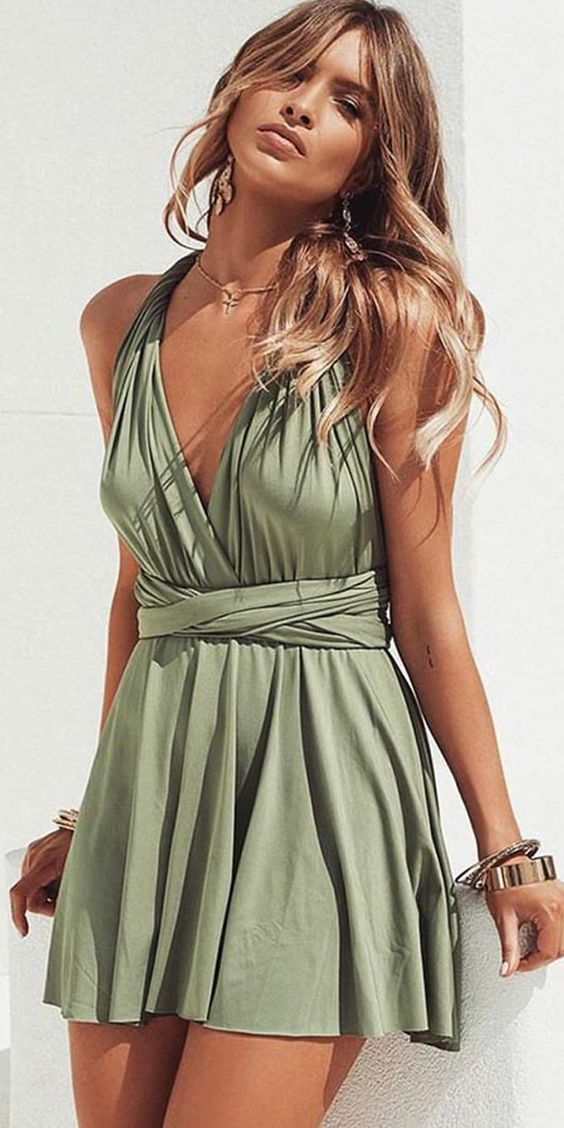 A-Line V-Neck Convertible Satin Elise Homecoming Dresses Style Short Green CD1659