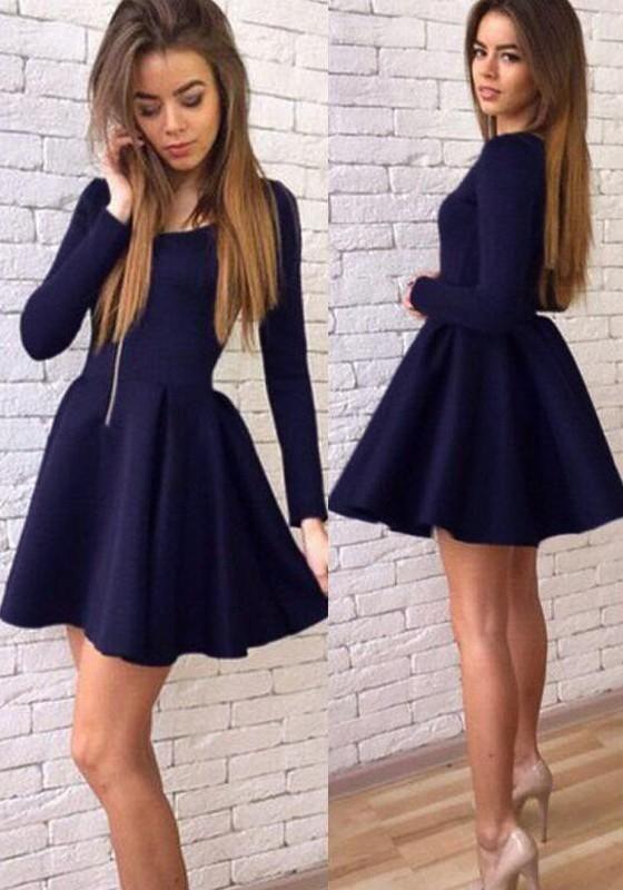 Cheap Homecoming Dresses Pauline Navy Blue Long Sleeves Modest Mini Short CD1672