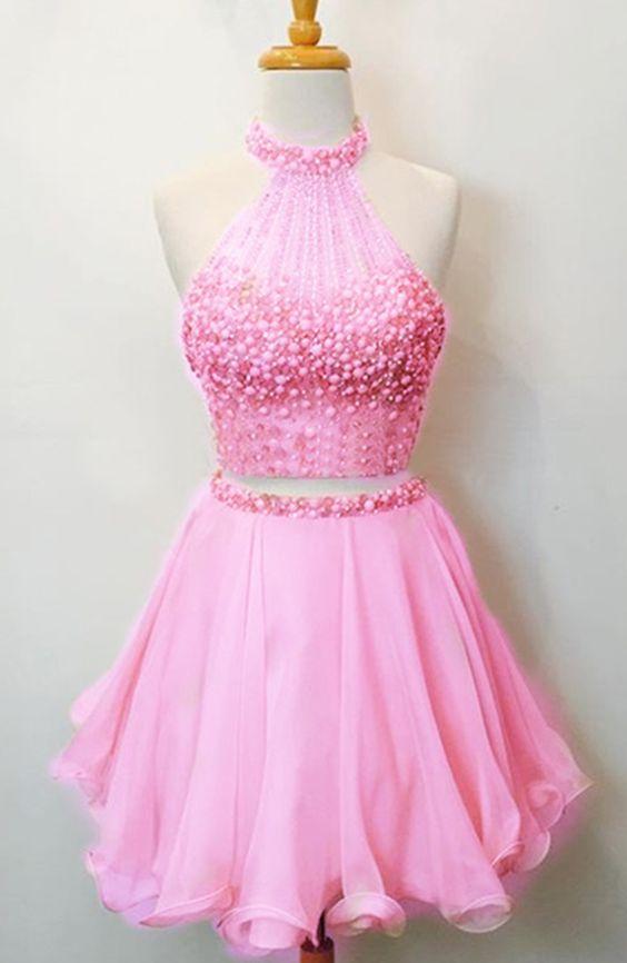 Two Piece Beaded Janelle Pink Homecoming Dresses Party Dress Gown CD1680