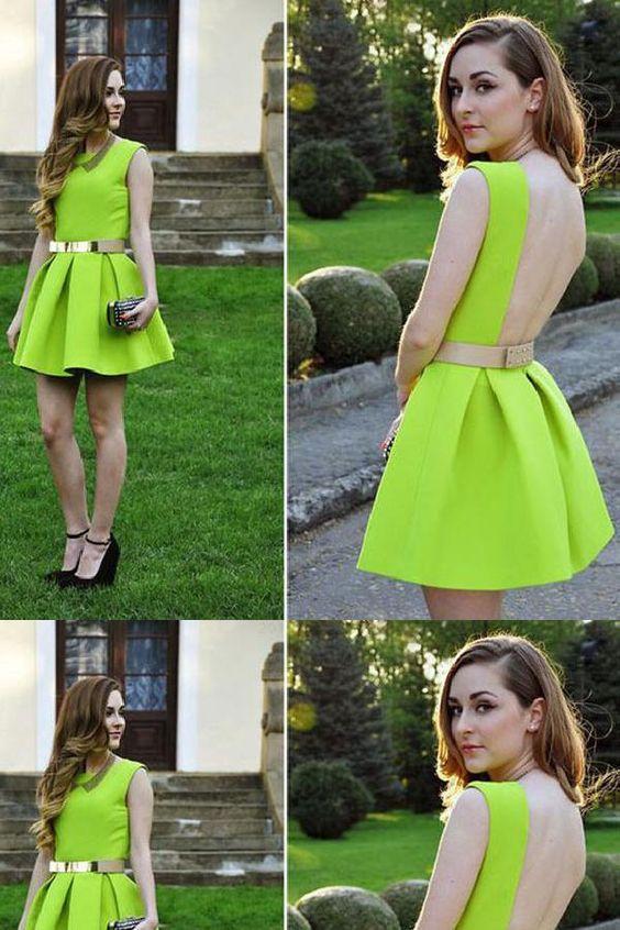 Cheap Comfortable Green Lemon Green Backless Jewel Backless Cheap Ruched Mini Winifred Homecoming Dresses Party Dress CD1684