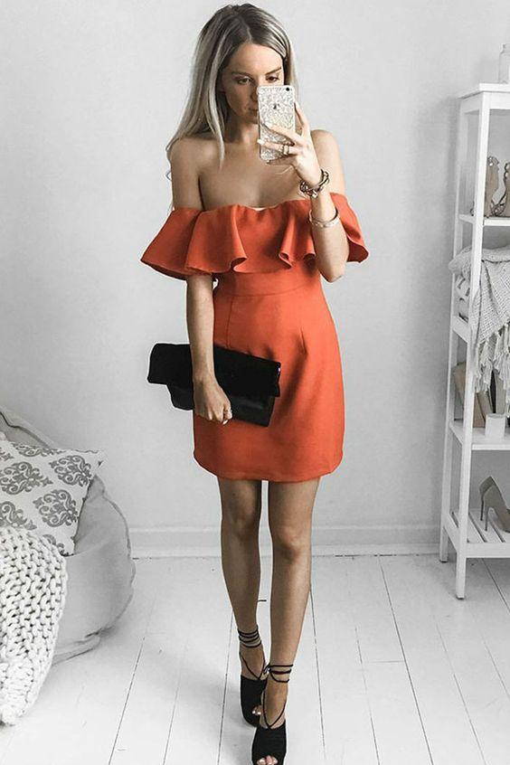 A-Line Satin Homecoming Dresses Michaelia Off-The-Shoulder Short Party Dress Orange With Ruffles CD1686