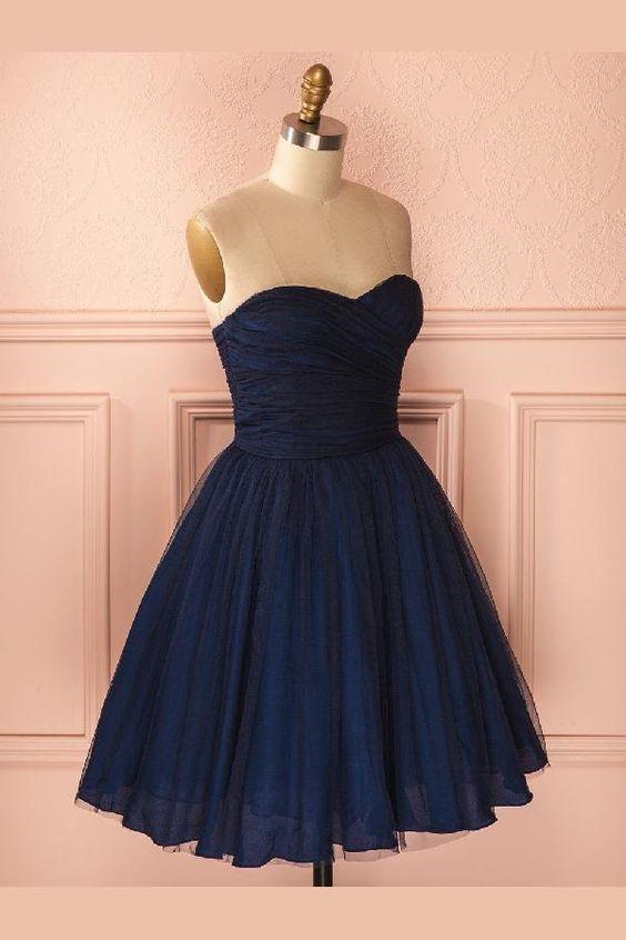 Great Blue Strapless Sweetheart Homecoming Dresses Alyson Short Navy Blue Tulle CD1713