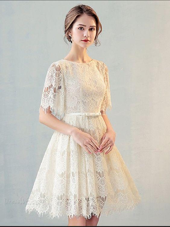 Scoop Neck Short Sleeve Short Homecoming Dresses A Line Minnie Lace CD1729