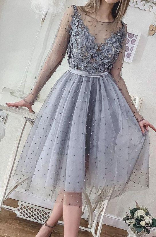 Short Silver Grey Pearls Long Sleeve Appliqued Beads Mini Party Dresses Cheap Formal Gowns Homecoming Dresses Cocktail Jocelyn Lace CD1766