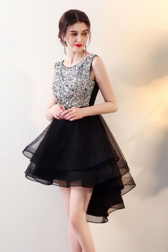 High Low Black Party Dress With Silver Sequins Top Party Dress Homecoming Dresses Jackie CD17933