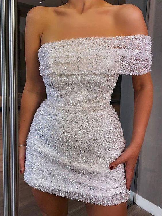 Sparkly Sheath Off The Shoulder Sequins Mini Dress Nita Homecoming Dresses Party Dress CD18402