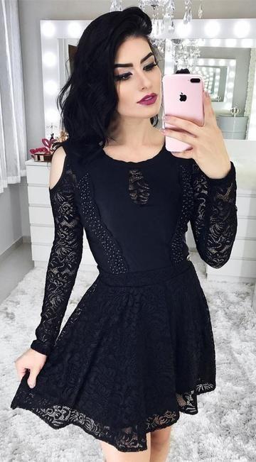 Aleena Homecoming Dresses Long Sleeve Black For Teens CD1859