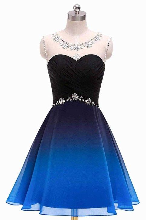 Round Neck Beads Blue And Black Short Campbell Cocktail Homecoming Dresses A Line Dresses Ruffles Straps Dresses CD1874