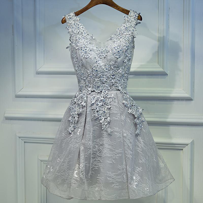 Light Grey Short V-Neckline Applique Party Dress Grey Lace Cameron Homecoming Dresses 2024 CD18782