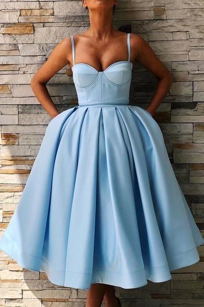 Spaghetti Straps Sweetheart Tea Length Satin Homecoming Dresses Roselyn Ball Gown Party CD1919