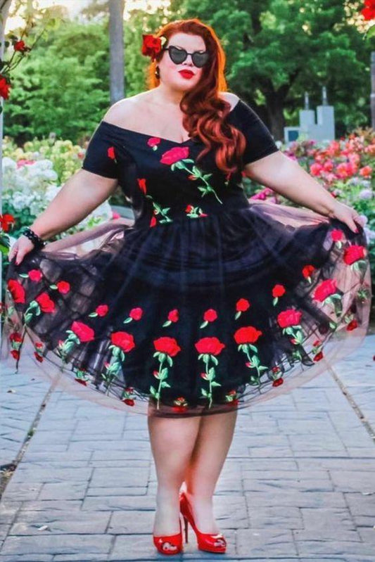 Homecoming Dresses Lia Short Plus Size Off The Shoulder Black And Rose Floral Embroidered CD19214