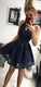 Navy Halter Simple Party Dresses Lace June Homecoming Dresses CD1942