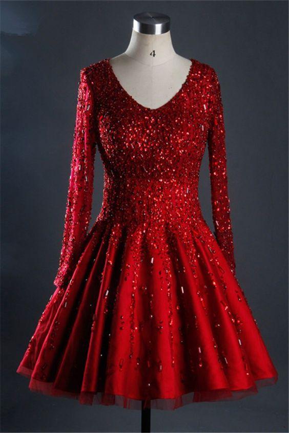 Gorgeous Ball Gown Short Red Tulle Beaded Dress With Sleeves Homecoming Dresses Jolie Satin CD19432
