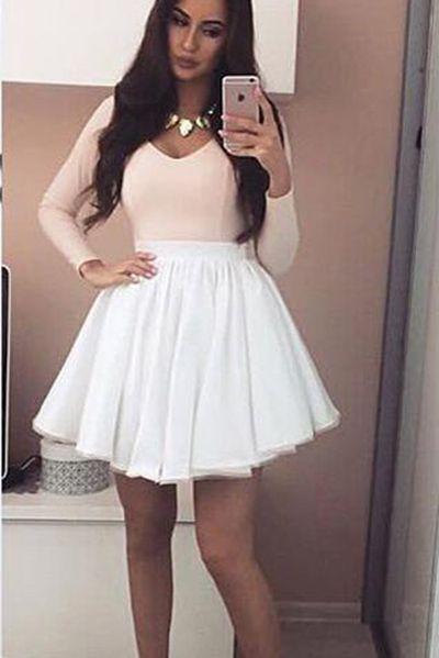 V-Neck Long Sleeves Mini Grad With White Skirt Homecoming Dresses Cornelia Pink CD1958