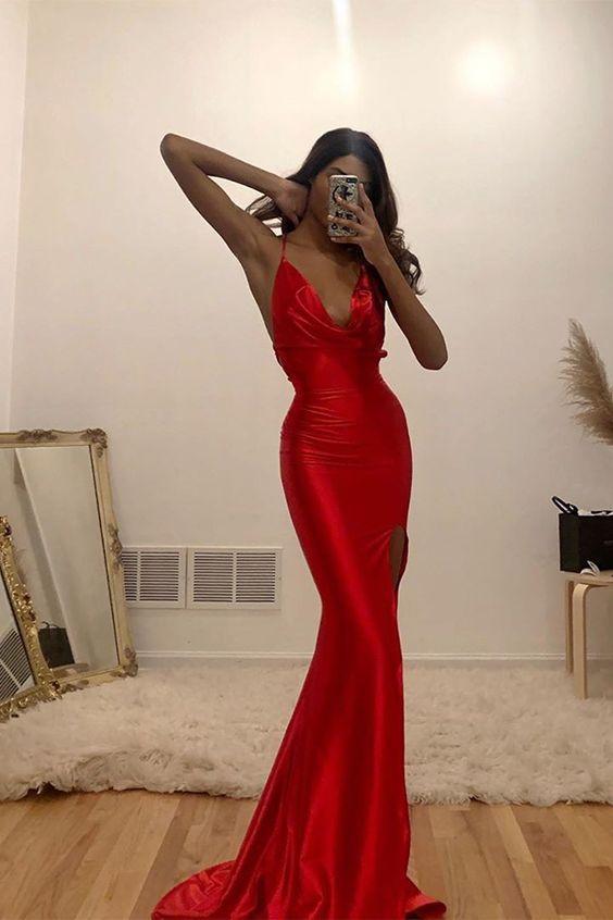 Sexy Red Spaghetti Straps Tight Evening Dresses Mermaid Long Prom Dresses