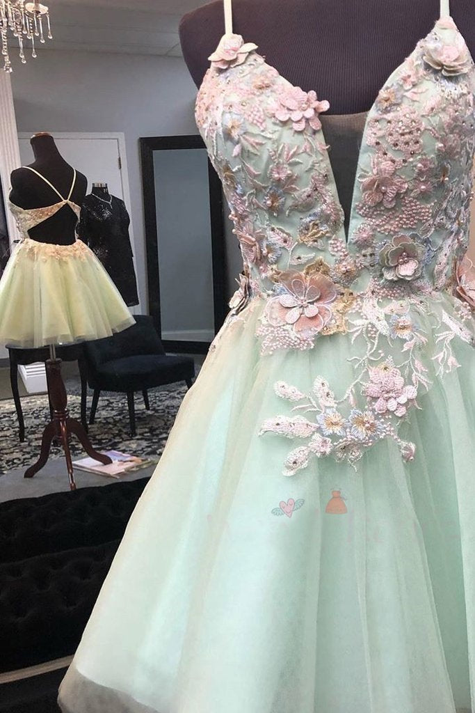 Mint Green Short Nathaly Homecoming Dresses With Flowers Mini Tulle Graduation Dress With Pearls CD20240