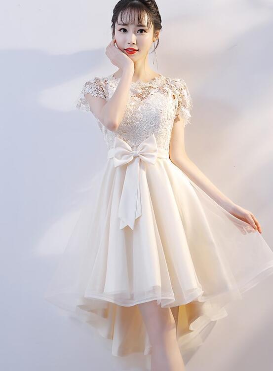 Lovely Champagne Tulle High June Lace Homecoming Dresses Low Party Dress Cute With Bow CD2090