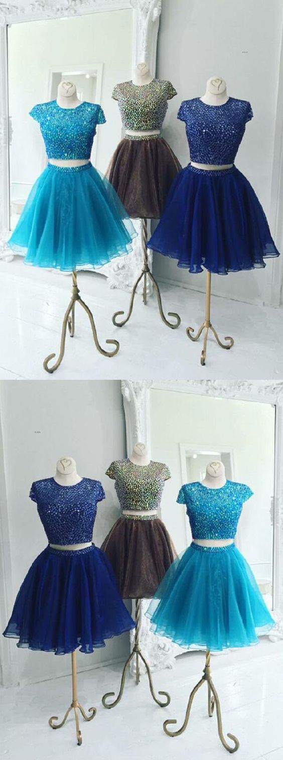 Beautiful Two Piece Stunning Two Piece Jewel Cap Homecoming Dresses Royal Blue Essence Sleeves Short Organza CD2135