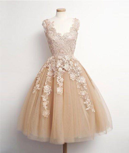 A-Line Jane Homecoming Dresses Sleeveless Champagne Short Appliqued Tulle CD2165