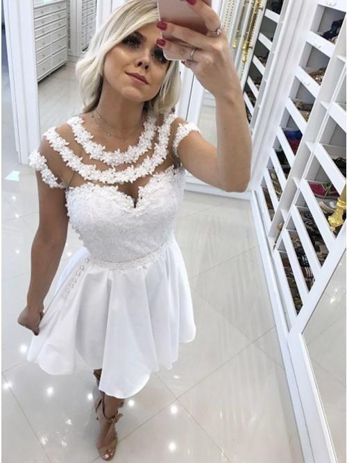 A-Line Round Neck Open Homecoming Dresses Lace Pru Back White With CD22038
