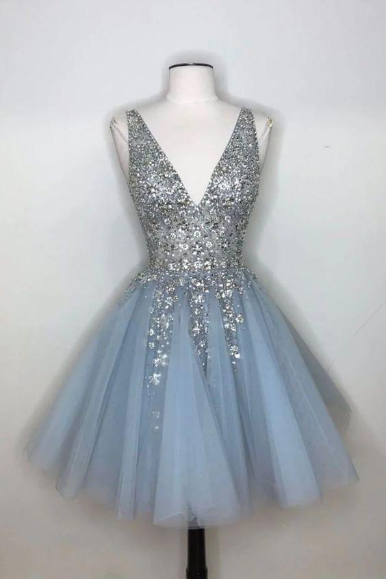 Blue V Neck Tulle Homecoming Dresses Daisy Sequin Short Dress Blue CD2232
