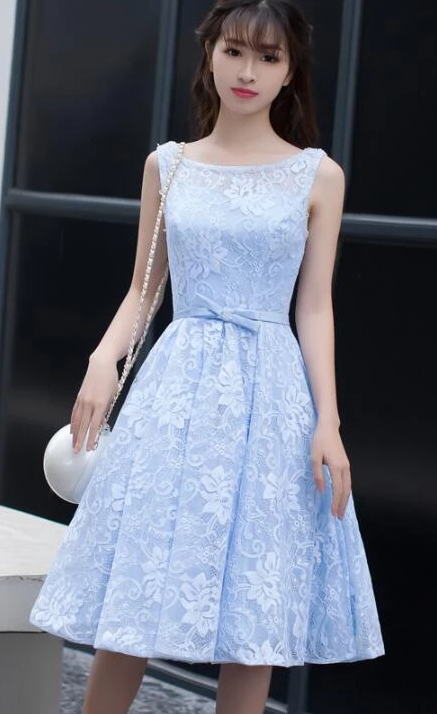 Light Blue Knee Length Round Neckline Lace Salma Homecoming Dresses Party Dress Charming Blue CD2246