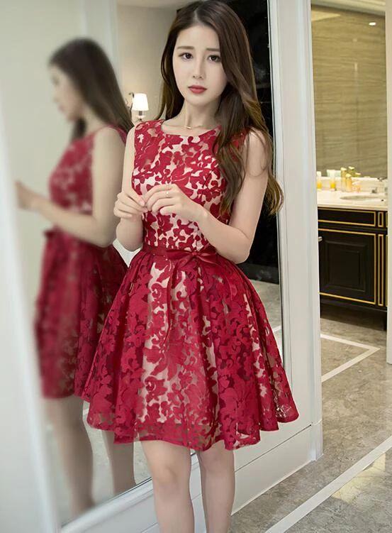 Dark Red Mini Party Dress Red Homecoming Dresses Lace Mavis CD22466