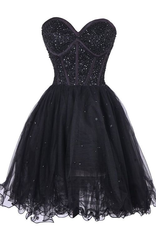 Black Beaded Embellished Sweetheart Short Diana Homecoming Dresses Tulle CD22497