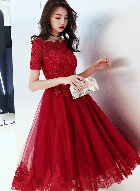 Wine Homecoming Dresses Thirza Lace Red Tulle Short With Applique CD22570