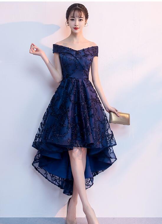 Navy Blue High Low Homecoming Dresses Angeline Lace Chic Beautiful Party Dresses CD22627
