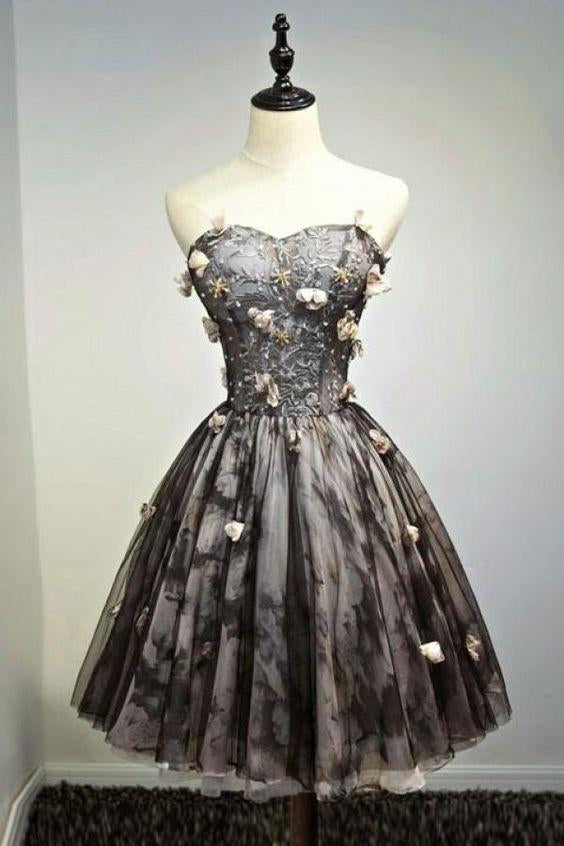 Black Sweetheart Strapless With Flowers Tulle Homecoming Dresses A Line Lacey Short School Dress CD22738