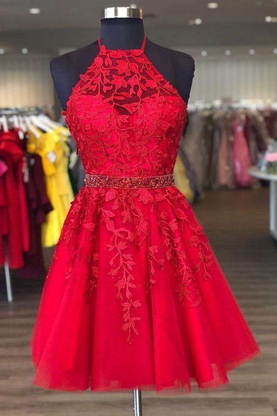 Halter Short Red With Lace Homecoming Dresses Yaritza Appliques And Beaded Band CD22749
