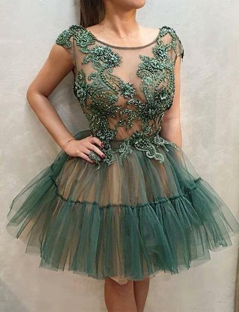 Short Round Homecoming Dresses Leanna Neck Appliques Party Dresses CD22869