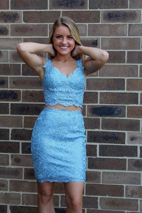 Two Piece Blue Tight Short Kelly Homecoming Dresses Lace Sheath CD22871