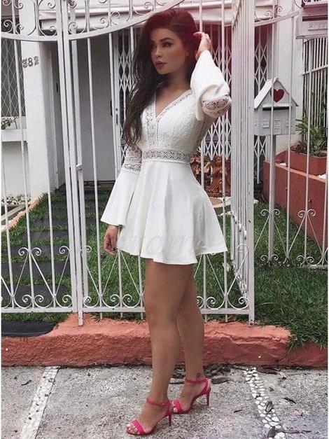 A-Line V-Neck Bell Sleeves Short Homecoming Dresses Lace Kate White With CD22942