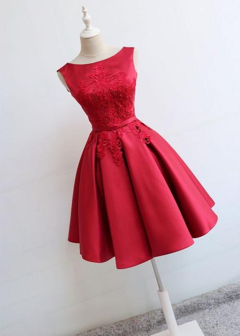 Red Round Neckline Short Party Dresses Red Keira Satin Homecoming Dresses Formal Dresses Short CD22946