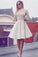 A-Line Bateau 3/4 Sleeves Ivory Joyce Satin Homecoming Dresses Knee-Length With Appliques CD229