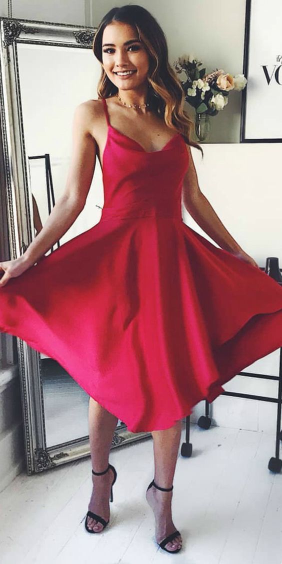 Red Spaghetti Straps Crossed Back Satin Bethany Homecoming Dresses Knee Length CD2314