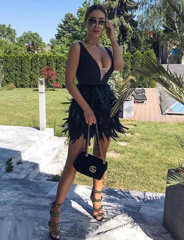 Stylish Mira A Line Homecoming Dresses Deep V Neck Black Short With Feather CD2328