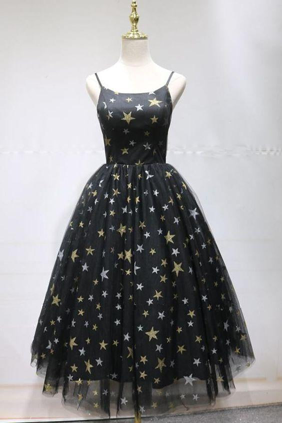 Unique Black Star Printed Tulle Open Nydia Cocktail Homecoming Dresses Back Short Dress CD23293