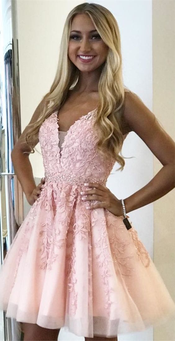 A-Line V-Neck Above-Knee Mikaela Homecoming Dresses Pink With Appliques Beading CD23347