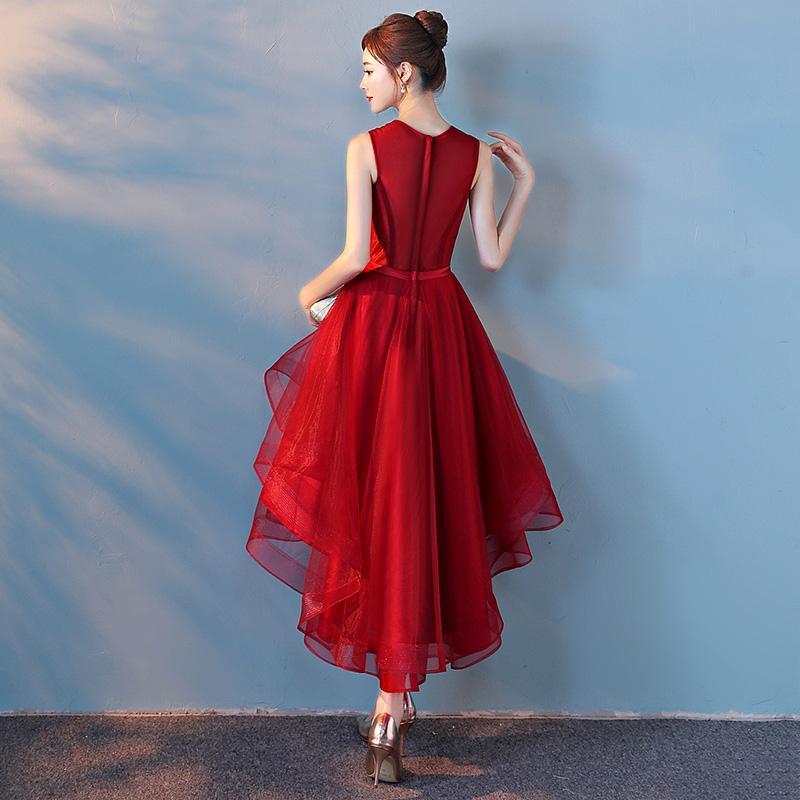 Wine Red Sequins Tulle High Low Ann Homecoming Dresses Round Neckline Party Dresses Dark Red CD23370