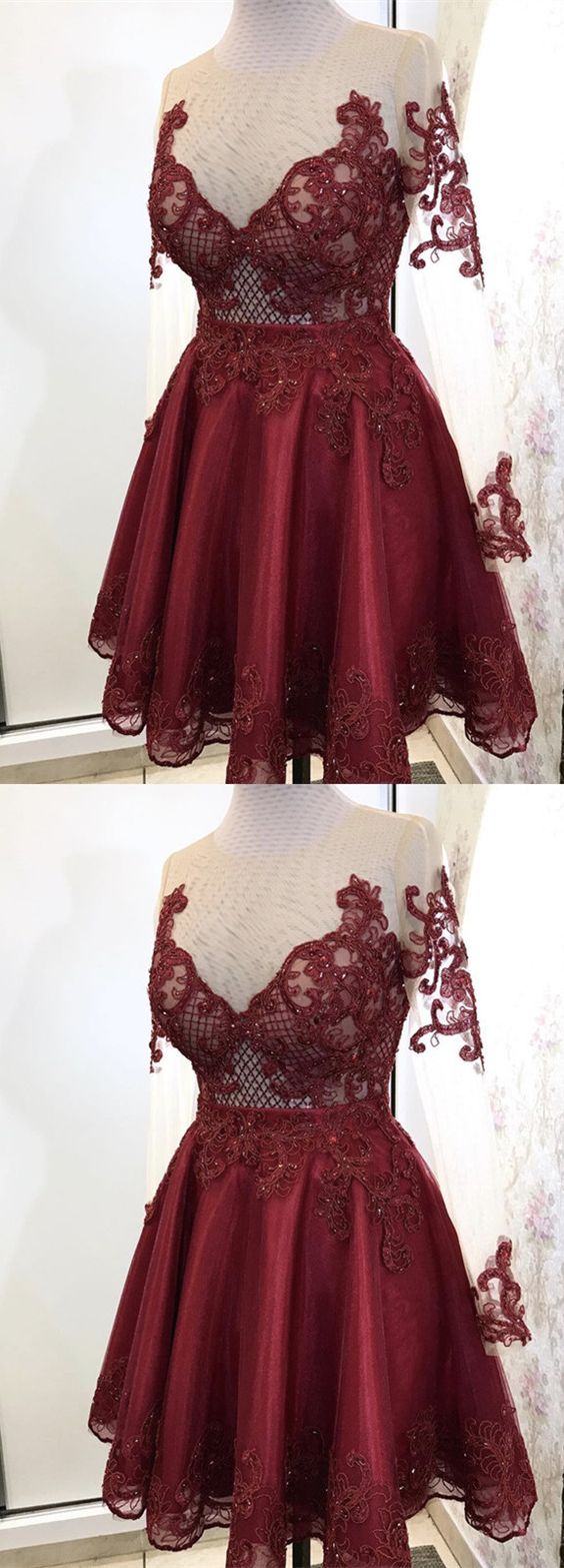 Elegant Burgundy Tulle Lace Janessa Homecoming Dresses Long Sleeves CD2354