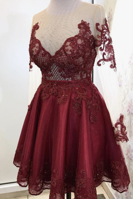 Elegant Burgundy Tulle Lace Janessa Homecoming Dresses Long Sleeves CD2354