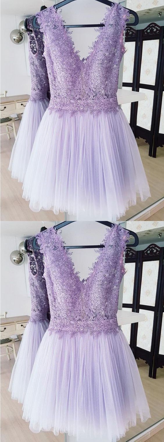 Homecoming Dresses Helga Lace A-Line Deep V-Neck Backless Lilac Short With CD23542
