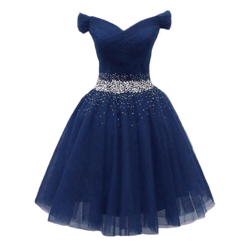 Homecoming Dresses Isis Navy Beaded Sweetheart Off Shoulder Tulle CD23552