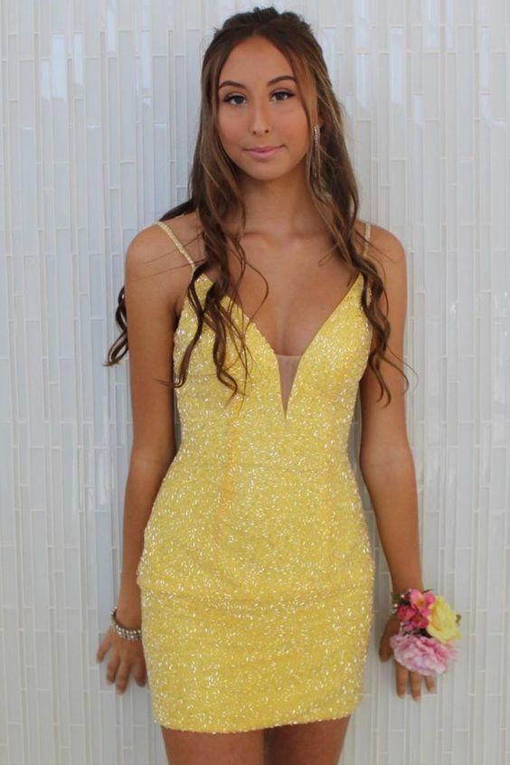 Homecoming Dresses Cassie Tight Yellow Beaded Party Dress Party Dress CD23564