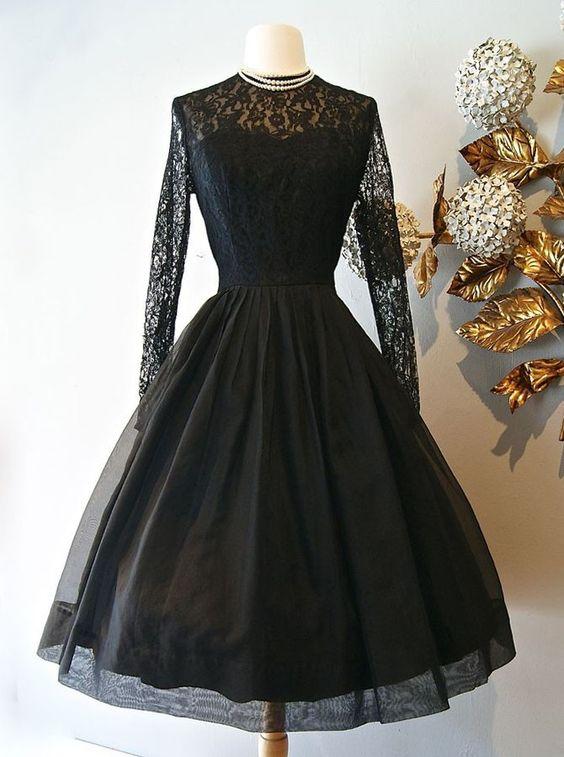 Vintage Style A-Line Knee-Length Homecoming Dresses Regan Lace Long Sleeves Black With CD23633